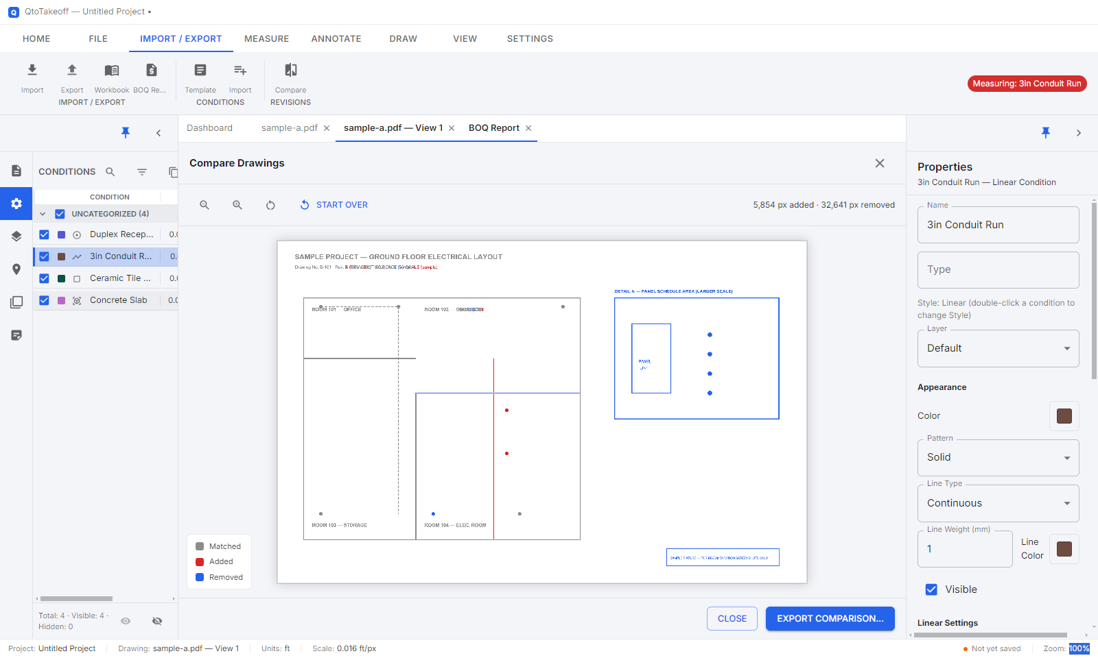 Drawing Compare review screen showing added and removed items highlighted