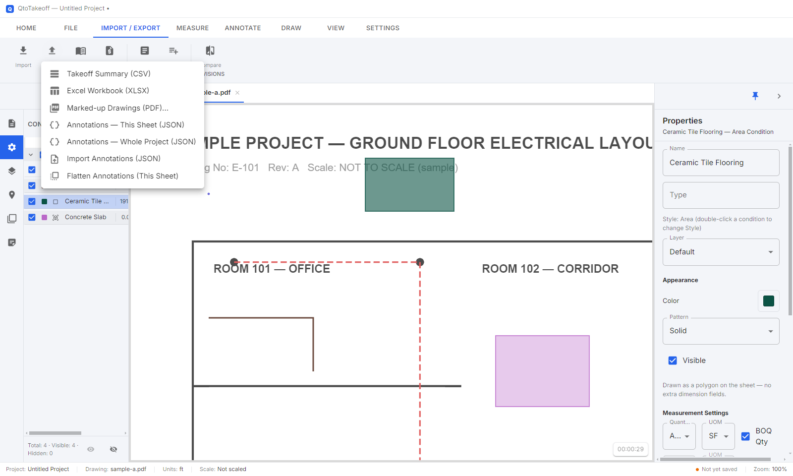 Export menu showing Takeoff Summary, Excel Workbook, and Marked-up Drawings options