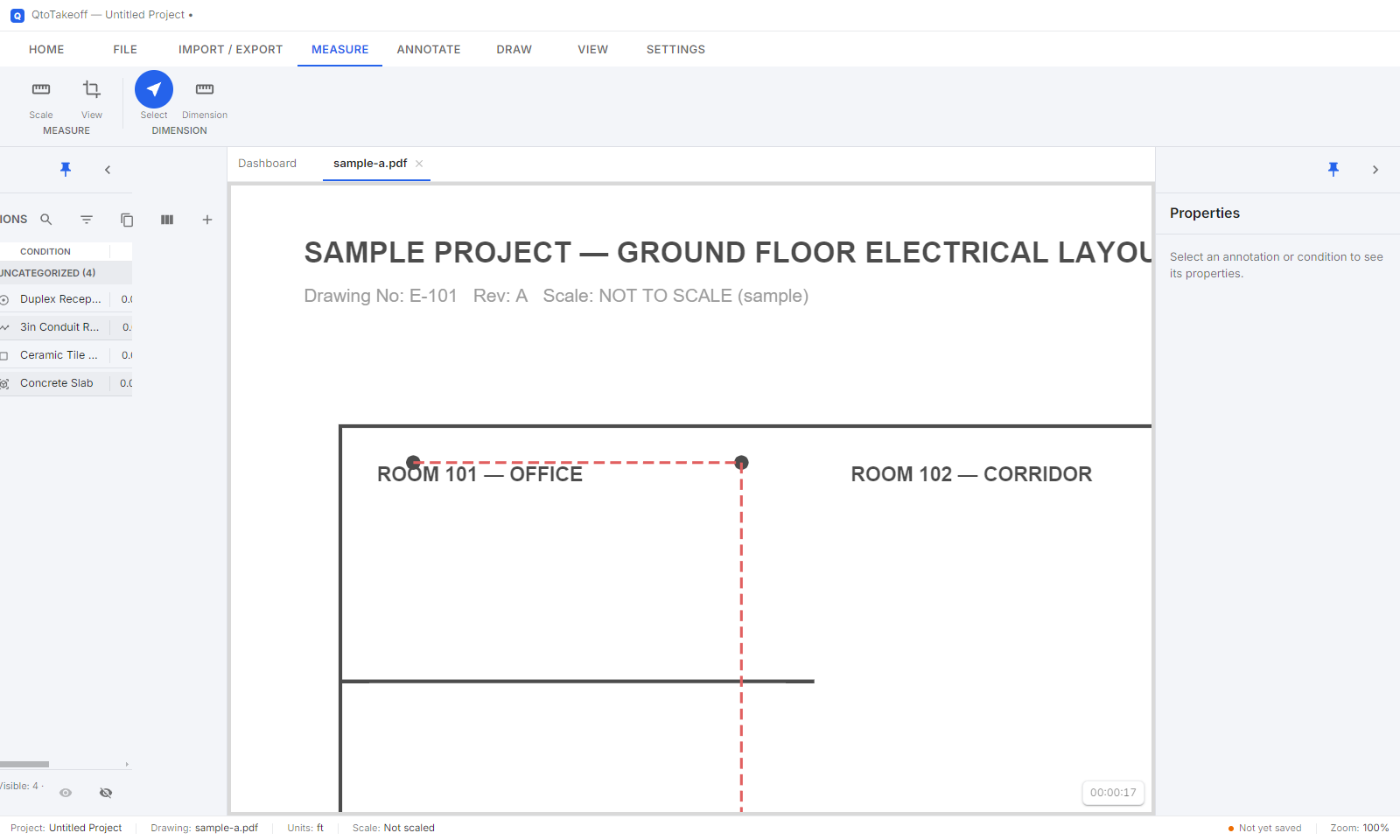 QtoTakeoff workspace — drawing canvas, conditions list, and properties panel