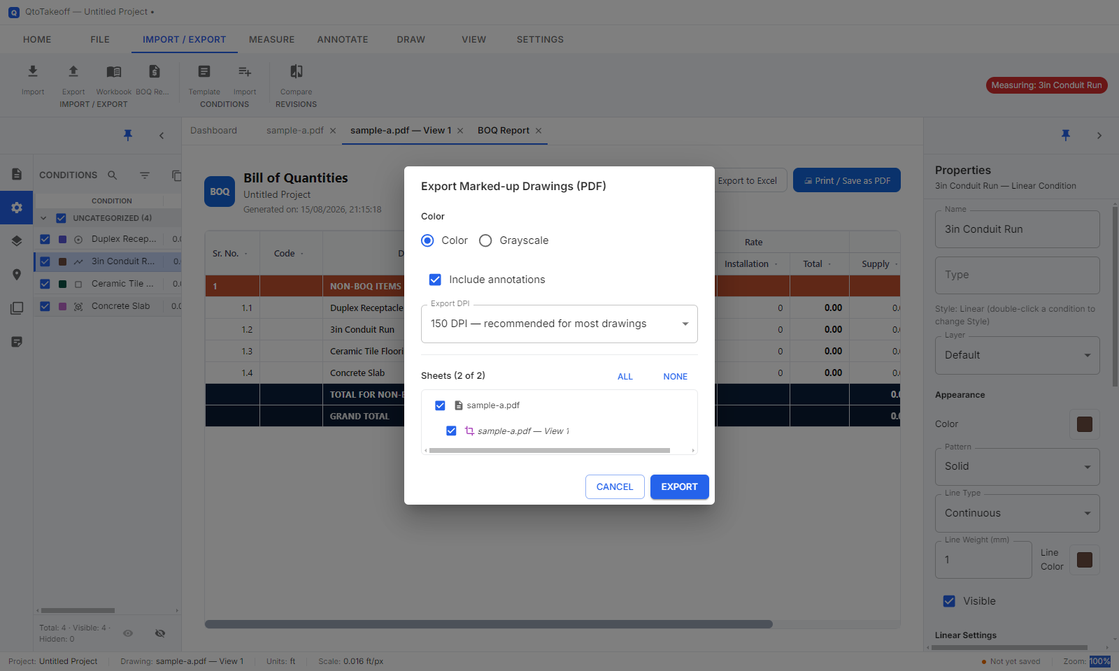 Export Marked-up Drawings dialog with sheet selection